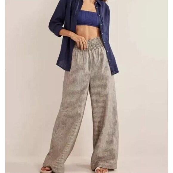 Boden Linen Shirred Waist Trousers Wide Leg Women 6R Camel Black Stripe Pull On - Picture 16 of 16